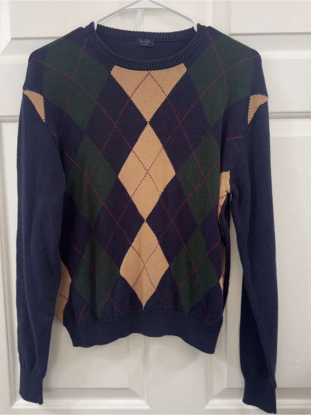John Galt Argyle Crewneck Sweater - Navy, Green & Tan